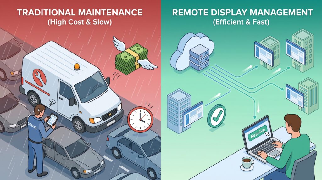 Beyond Installation: Remote Display Management for Multi-Location Displays 1 Illustration comparing traditional on-site display maintenance with remote display management for faster, more efficient multi-location display support.