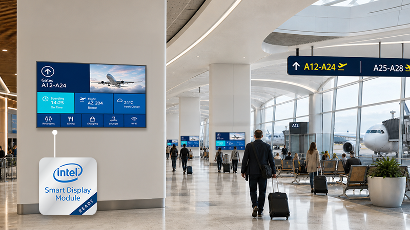 Airport gate digital signage display with Intel SDM-ready integration