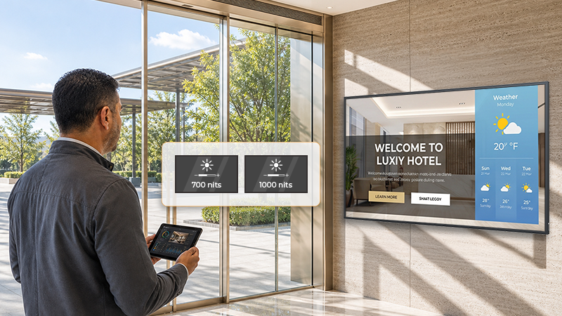 System integrator compares 700-nit and 1000-nit digital signage for a sunlit hotel entrance.