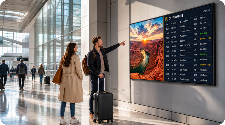 High-brightness 4K commercial display in a bright busy indoor lobby