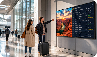 High-brightness 4K commercial display in a bright busy indoor lobby