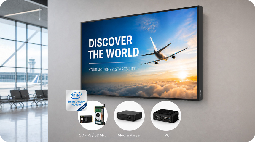 Commercial display installation with integrated Intel SDM and external media player options