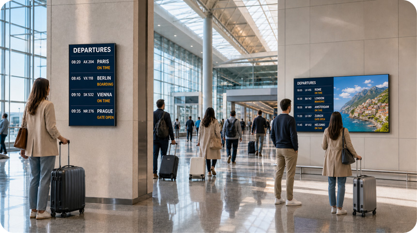 Commercial displays installed in portrait and landscape orientations in a public interior