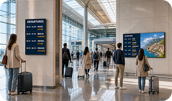 Commercial displays installed in portrait and landscape orientations in a public interior