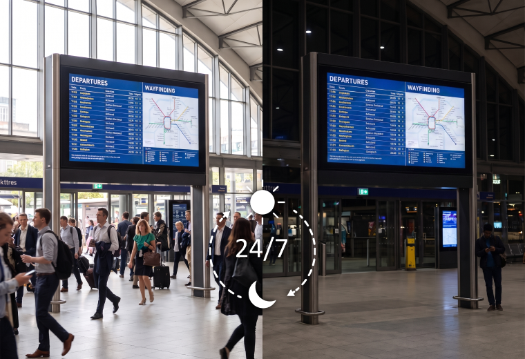 Commercial displays providing clear information in a bright airport terminal throughout the day