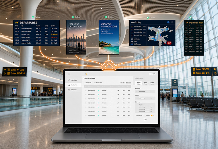 Remote management of multiple commercial displays across locations