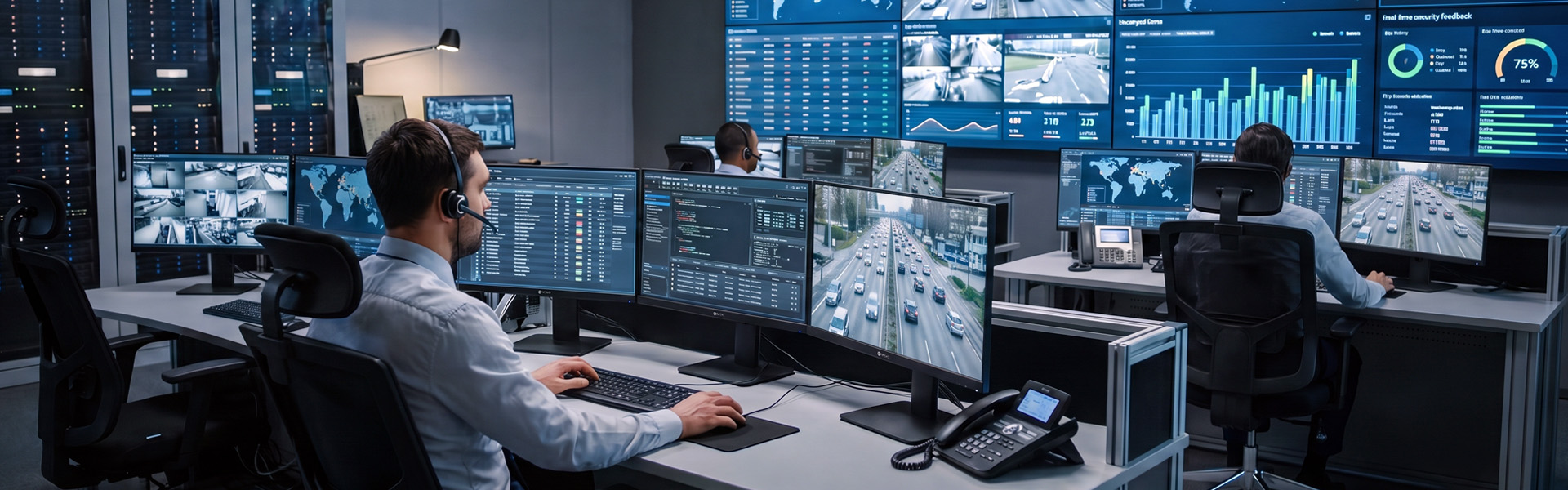 A male security guard is using The SE Series 4K UHD professional display designed for traffic management operation with sharp image detail, flexible multi-source viewing, and reliable 24/7 performance.
