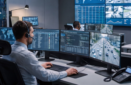 A male security guard is using The SE series 4K UHD professional display designed for traffic management operation with sharp image detail, flexible multi-source viewing, and reliable 24/7 performance.